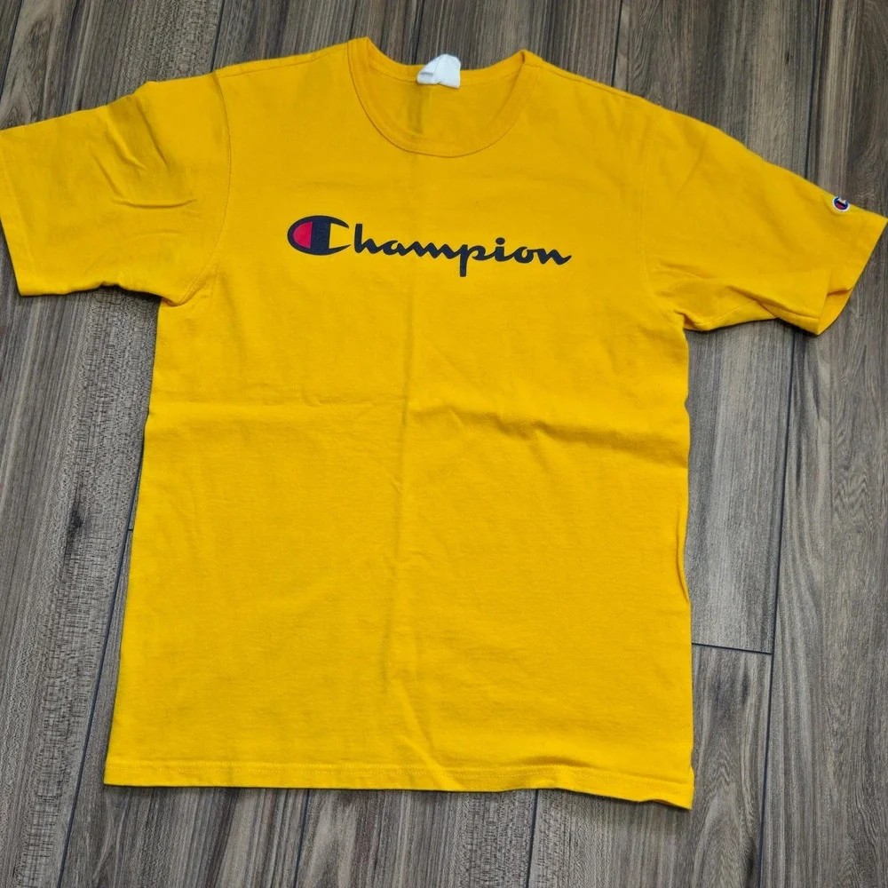 Champion Mens Script Logo Graphic T-Shirt Yellow Short Sleeve Cotton Medium - Picture 1 of 7